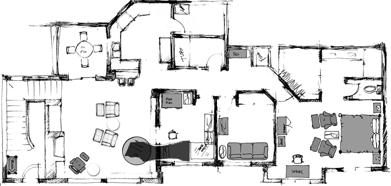 The Plan, after opening up the den into the living room.